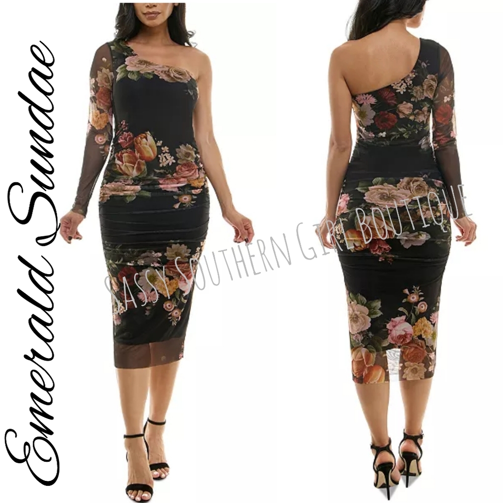 🆕⭐ Emerald Sundae Black Floral One Sleeve Midi Dress